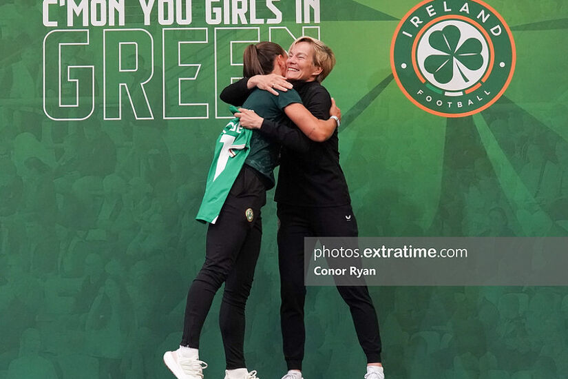 Vera Pauw embraces captain Katie McCabe at the squad unveiling prior to travelling to Australia