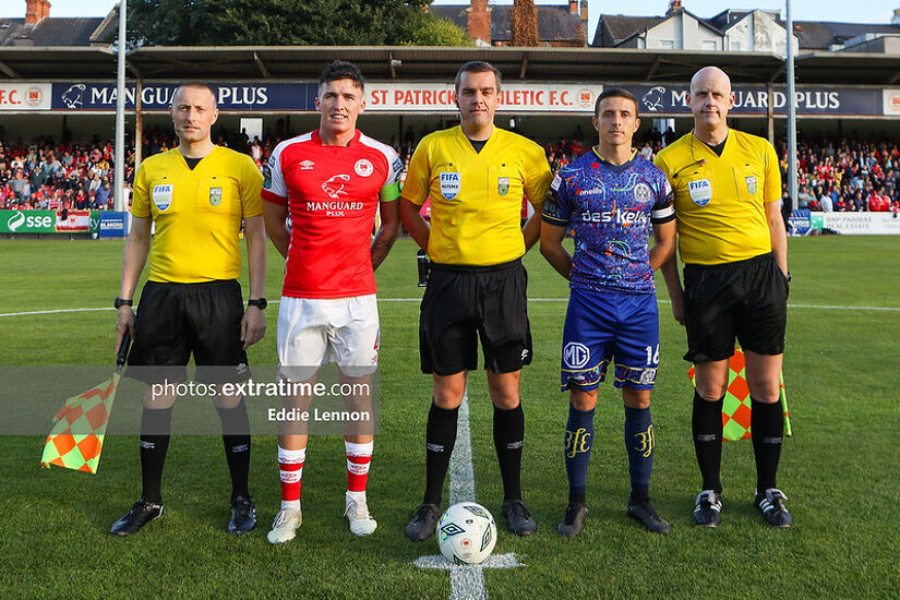 Captains Joe Redmond (left) and Keith Buckley line up ahead of scoreless draw in Inchicore last August