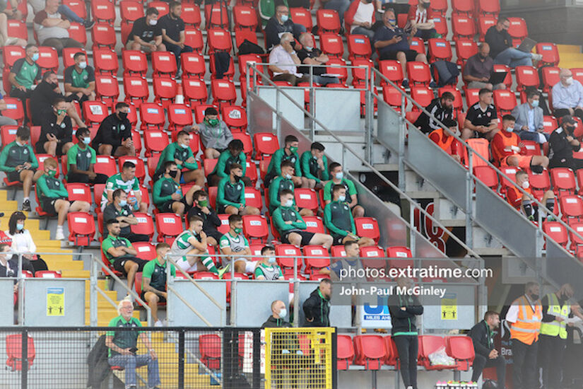 Shamrock Rovers underage players watch on in the Brandywell after travelling to Derry in case they would need to be called upon due to COVID-19 issue in the first team camp