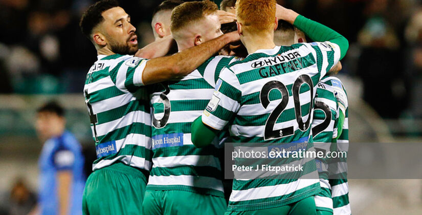 Shamrock Rovers players celebrate Sean Hoare's goal v UCD