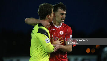 John Mahon (right) with Ed McGinty after Sligo Rovers 4-0 away win against Dundalk in May 2021
