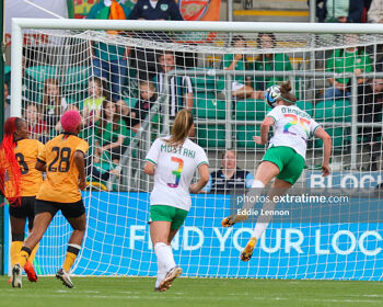 Claire O'Riordan heads home her first international goal during Ireland's 3-2 win over Zambia