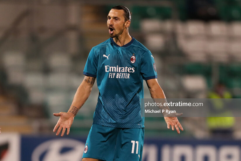 Zlatan Ibrahimovic of AC Milan appeals during their 2-0 Europa League win over Shamrock Rovers in Tallaght on September 17, 2020.