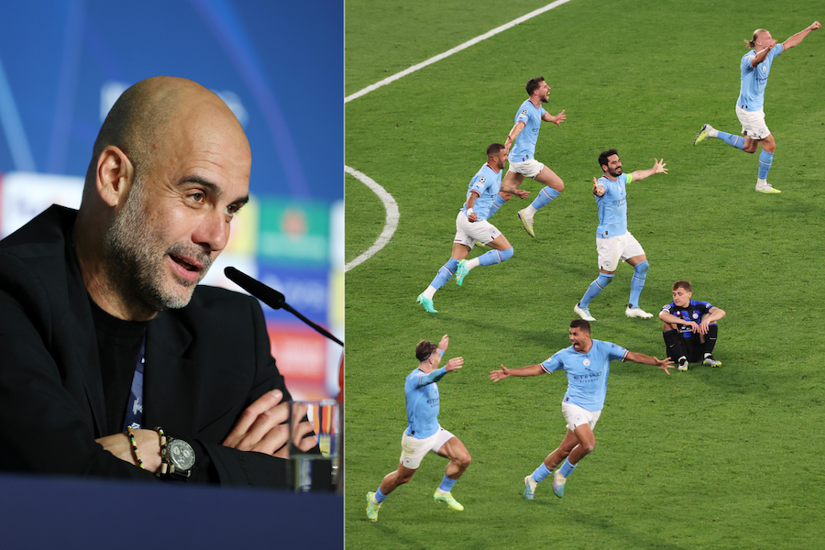Pep Guardiola (left) speaking after this team's Champions League final win over Inter Milan