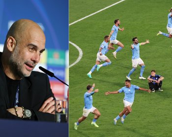 Pep Guardiola (left) speaking after this team's Champions League final win over Inter Milan