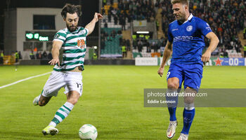 Richie Towell on the ball during Shamrock Rovers' 1-1 draw with KAA Gent in the UEFA Europa Conference League at Tallaght Stadium on Thursday, 27 October 2022.