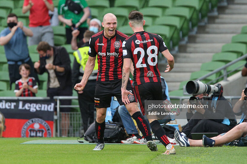 Georgie Kelly celebrates with Dawson Devoy in the Aviva in the Europa Conference League qualifiers