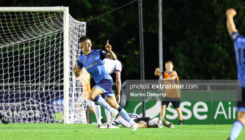 Dylan Duffy of UCD AFC celebrates scoring his teams second goal last October