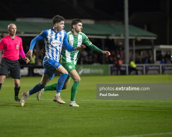 Sean Patton of Finn Harps in action against Bray Wanderers' Harry Groome