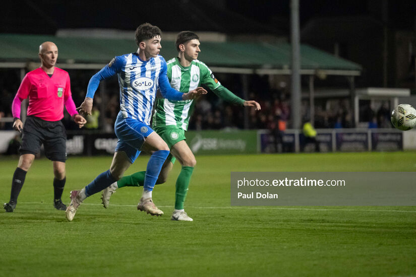 Sean Patton of Finn Harps in action against Bray Wanderers' Harry Groome