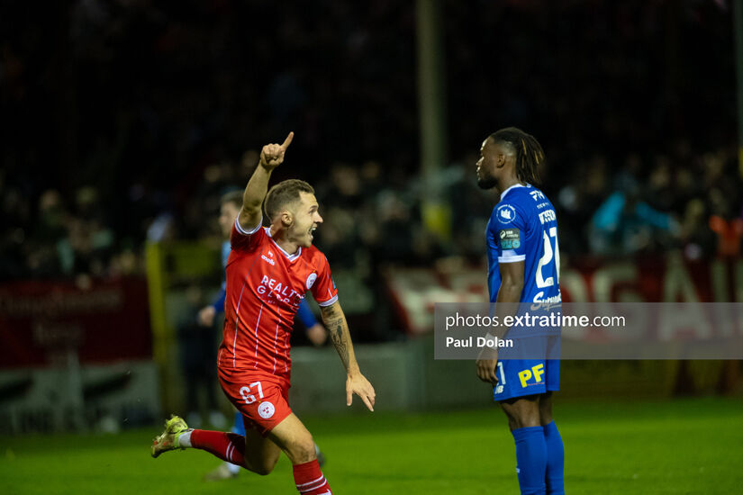 Shelbourne's Liam Burt celebrates his goal against Waterford in Tolka Park on Friday 18th October 2024