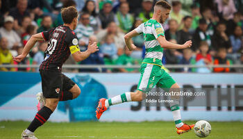 Dylan Watts on the ball in Rovers' 2-1 win over Vikingur in the first qualifying round of the Champions League in June 2024