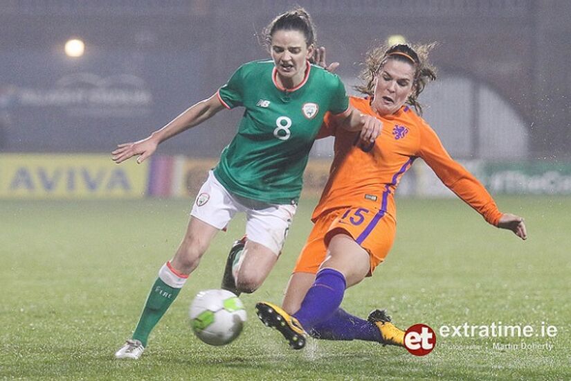 Leanne Kiernan is tackled by Siri Worm of the Netherlands during a World Cup qualifier in Tallaght in April 2018.