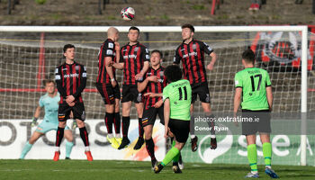 Barry McNamee of Finn Harps sees his free kick clear the Bohemian FC wall and crossbar.