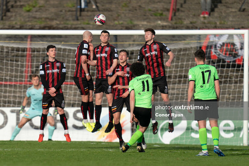 Barry McNamee of Finn Harps sees his free kick clear the Bohemian FC wall and crossbar.