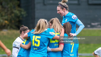 Jess Gleeson rights highest as DLR Waves celebrate the winner over Bohs