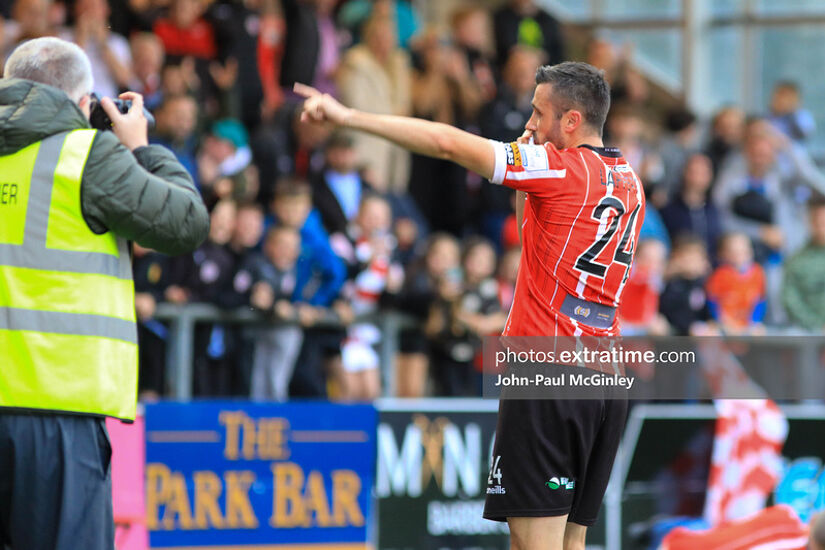 Derry City celebrate scoring against Shamrock Rovers in the cup