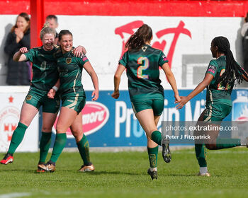 Jenna Slattery celebrates scoring the winning goal for Galway United during their 2-1 win over Shelbourne at Tolka Park on Saturday, 25 March 2023.