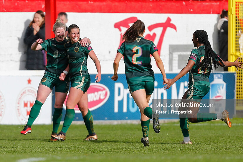 Jenna Slattery celebrates scoring the winning goal for Galway United during their 2-1 win over Shelbourne at Tolka Park on Saturday, 25 March 2023.