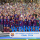 Alexia Putellas of FC Barcelona lifts the UEFA Women's Champions League trophy after victory in the 2023/24 Final between FC Barcelona and Olympique Lyonnais at San Mames Stadium on May 25, 2024 in Bilbao, Spain.