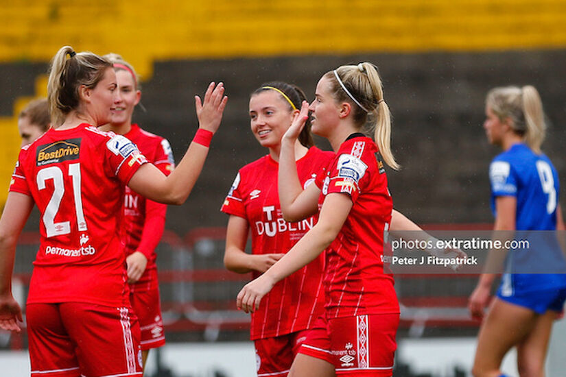 Jessie Stapleton of Shelbourne celebrates scoring against Treaty United at Tolka Park