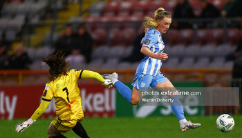 Michelle Doonan in action for DLR Waves against Rachael Kelly of Bohemians on 29th March 2024 at Dalymount Park