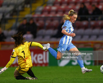 Michelle Doonan in action for DLR Waves against Rachael Kelly of Bohemians on 29th March 2024 at Dalymount Park