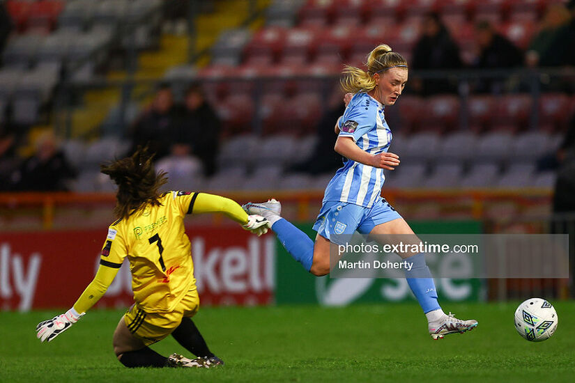 Michelle Doonan in action for DLR Waves against Rachael Kelly of Bohemians on 29th March 2024 at Dalymount Park