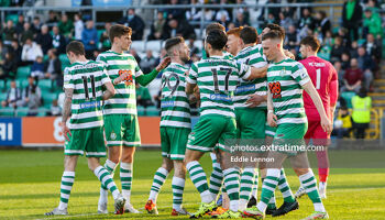 Shamrock Rovers celebrate their opening goal in Tallaght through Pico Lopes against Finn Harps 