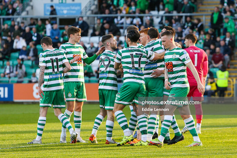 Shamrock Rovers celebrate their opening goal in Tallaght through Pico Lopes against Finn Harps 