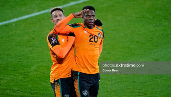 Chiedozie Ogbene salutes the Irish travelling supporters after his goal in Luxembourg last weekend