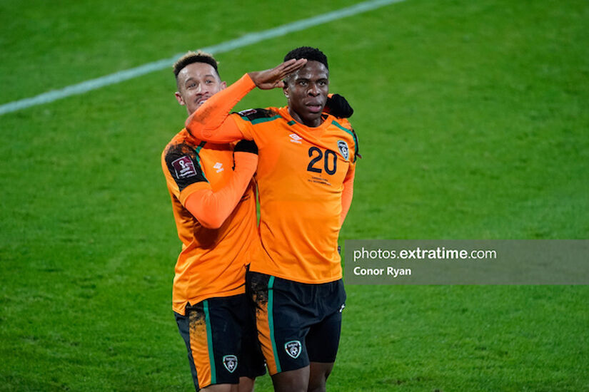 Chiedozie Ogbene salutes the Irish travelling supporters after his goal in Luxembourg last weekend