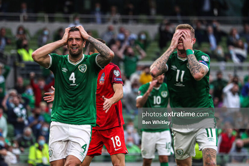 James McClean and Shane Duffy of Ireland react to a missed chance during the World Cup Qualifier match between the Republic of Ireland and Azerbaijan at the Aviva