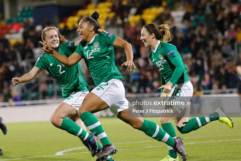 Rianna Jarrett celebrates scoring against Ukraine in October 2019