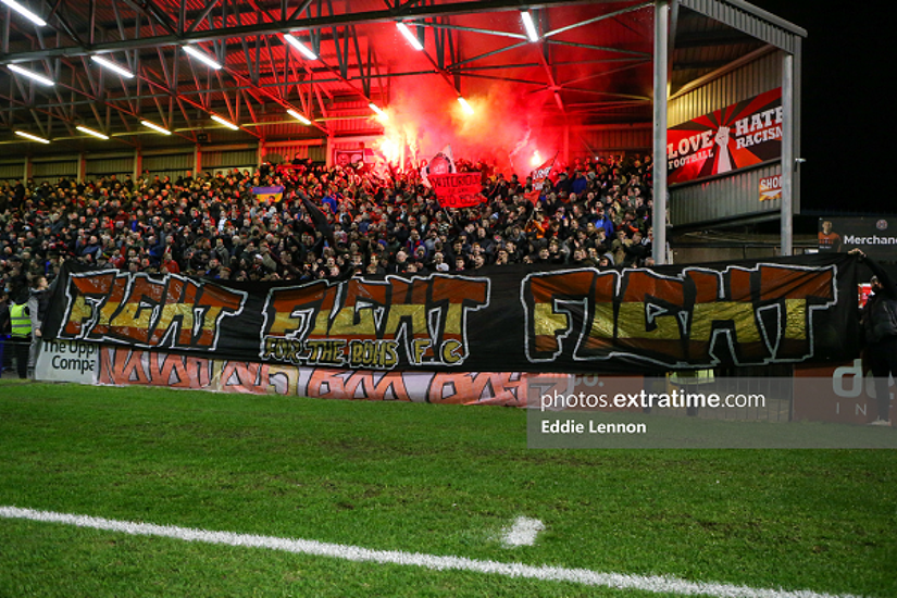 Bohemians fans during their 2-2 draw with Dundalk at Dalymount Park on Friday, 25 February 2022.