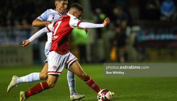 St Patrick's Athletic's Darragh Burns in action during the Saints 1-0 win over Drogheda United at Head in the Game Park on Friday, 1 October 2021.
