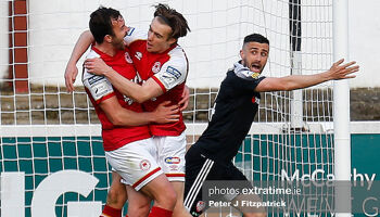 Danny Lafferty of Derry protests after Robbie Benson's goal for the Athletic
