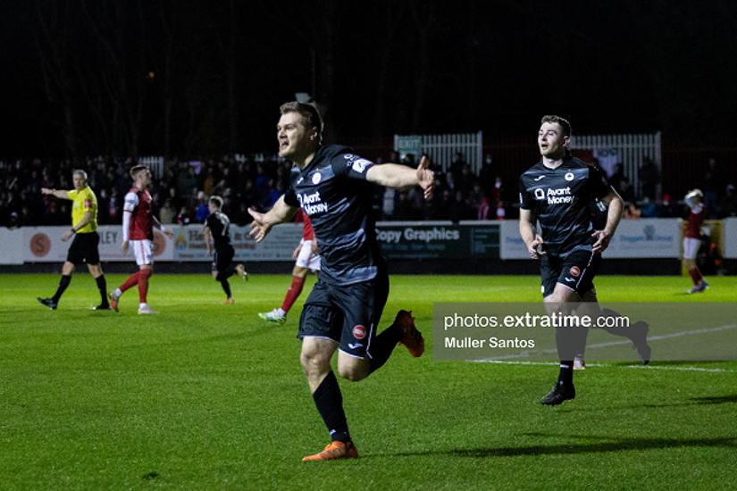 Colm Horgan celebrates scoring Sligo Rovers' first goal during their 2-1 win over St Patrick's Athletic at Richmond Park on Friday, 25 February, 2022.