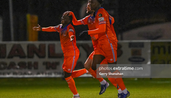 Junior Quitirna celebrates scoring one of his two goals against Athlone Town during Waterford's 5-2 win at Lissywollen on Friday, 18 February 2022.