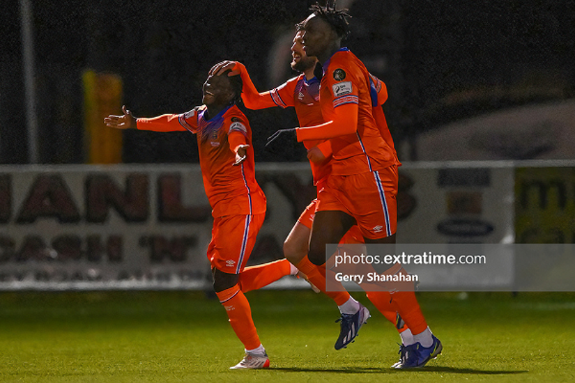 Junior Quitirna celebrates scoring one of his two goals against Athlone Town during Waterford's 5-2 win at Lissywollen on Friday, 18 February 2022.