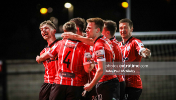 Derry City celebrate a goal during their 2-1 win over Shamrock Rovers at the Brandywell on Friday, 25 February 2022.