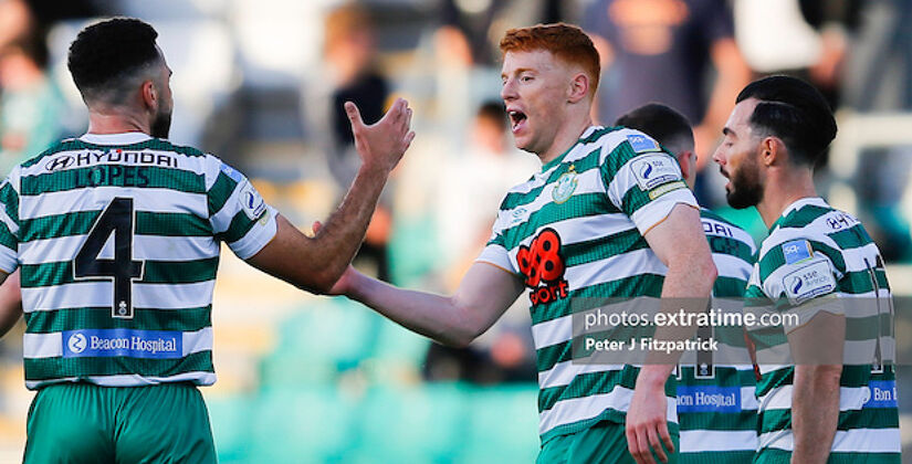 Rory Gaffney of Shamrock Rovers celebrates scoring his side second goal with Pico Lopes