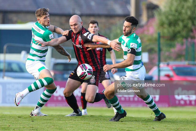 Georgie Kelly holds off Lee Grace and Pico Lopes during Bohs' 1-0 win over Rovers 
