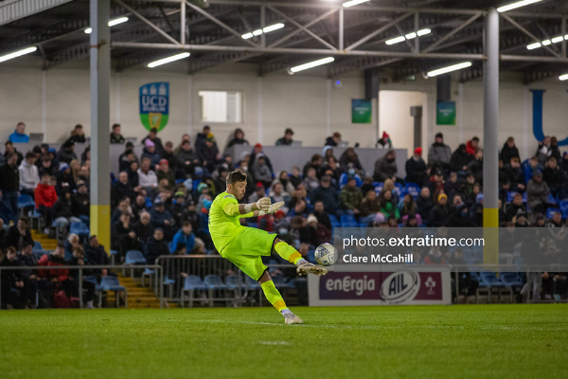 Finn Harps' Mark McGinley kicks the ball up the field during the Donegal side's 0-0 draw with UCD at the UCD Bowl on Friday, 25 February 2022.