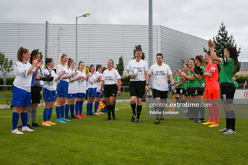 Peamount United and Finglas United mark the No Ref, No Game campaign with a guard of honour ahead of their FAI Cup first round clash on Saturday, 9 July 2022.