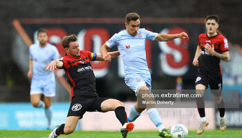 City goalscorer Joe Thomson of Derry City tackled by Bohs skipper Conor Levingston