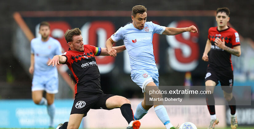 City goalscorer Joe Thomson of Derry City tackled by Bohs skipper Conor Levingston