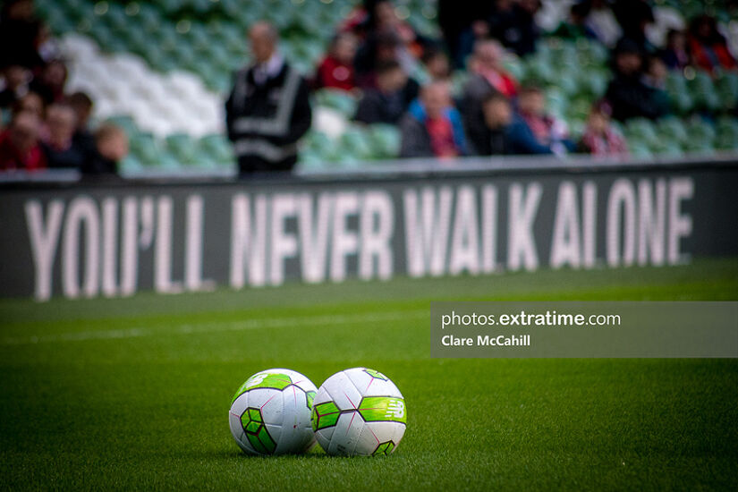 Liverpool's club slogan, 'You'll Never Walk Alone,' pictured at the Sean Cox fundraiser at the Aviva Stadium in 2019.