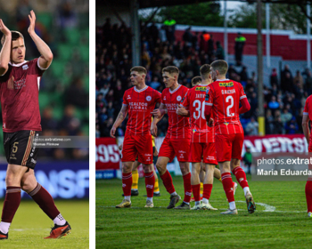 Killian Brouder (left) of Galway United - while Shelbourne (right) stay top