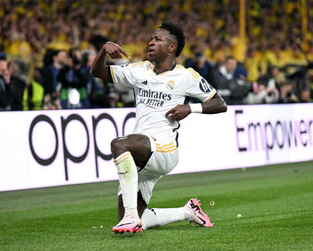 Vinicius Junior of Real Madrid celebrates scoring his team's second goal during the UEFA Champions League 2023/24 Final match between Borussia Dortmund and Real Madrid CF at Wembley